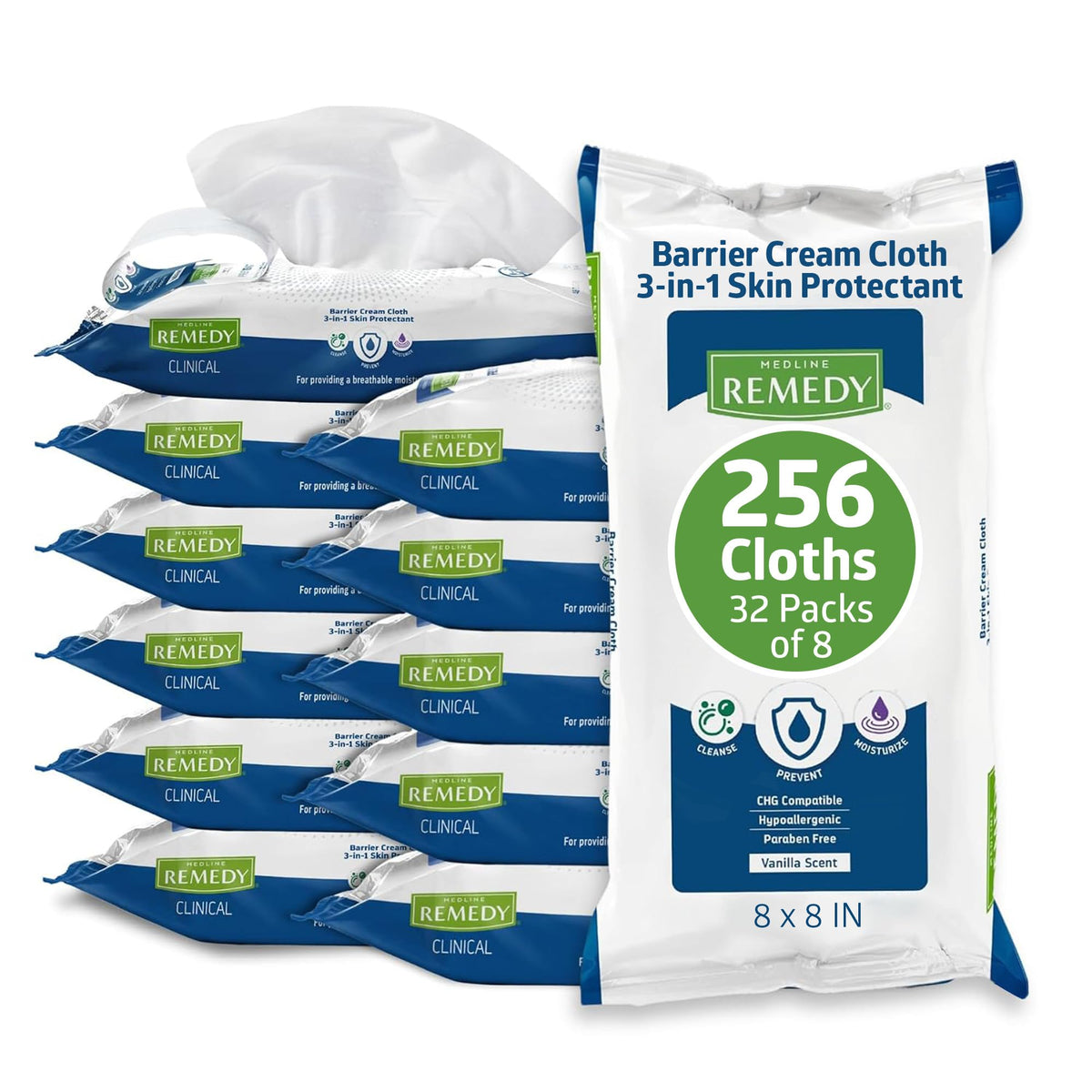 Medline Remedy Clinical 3-in-1 Barrier Cream Cloth, 8 count (32 Packs), 8 x 8 in Adult Wet Wipes, Vanilla Scent, Incontinent Care, Dimethicone, Irritated Skin, Soothing, Nourishing, Gentle