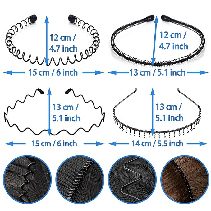 Metal HairBand for Men, Unisex Wavy Spring Hair Band, Black Zig Zag Headband, Fashion Elastic Hair Accessories Perfect for Outdoor Sports and Daily Use (8 Pack)