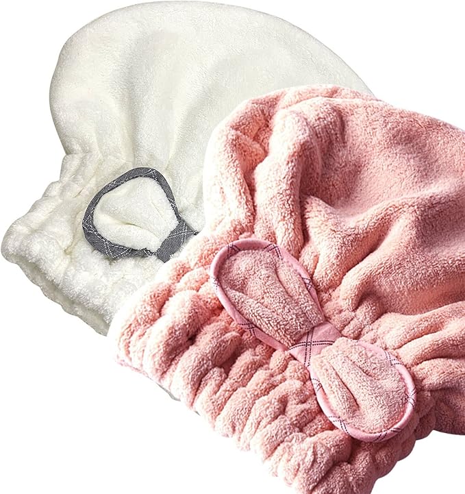 Jseng 2PC Microfiber Hair Drying Caps Large, Extreme Soft & Ultra Absorbent, Fast Drying Turban Hair Wrap Towels Thick Fluffy for Women