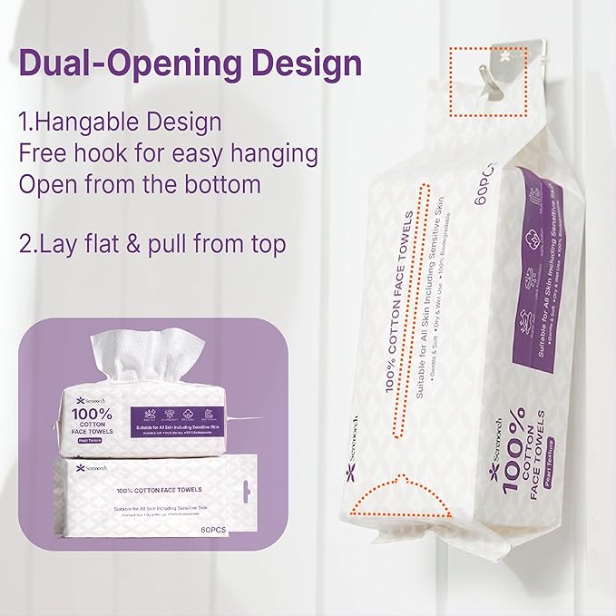 100% Cotton Disposable Face Towels 120 Count, Soft Cotton Tissue for Sensitive Skin, Makeup Remover Dry Wipes, Lint Free Facial Cleansing Cloths for Baby & Adult, Hanging Bag