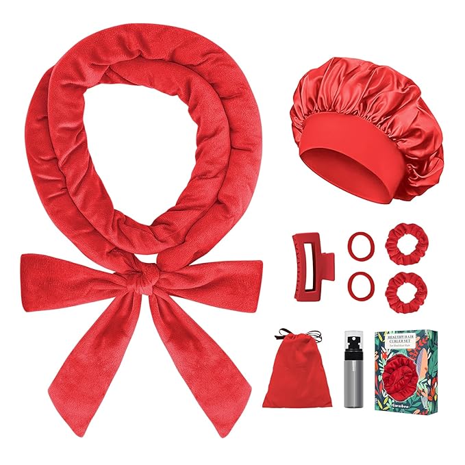 Gwabee Heatless Curls Overnight Hair Curlers to Sleep In, 9 PCS Velvet Heatless Hair Curler Overnight Curls for Women Long Medium Hair Volumes, Heatless Curling Waves Set with Sleep Bonnet - Red
