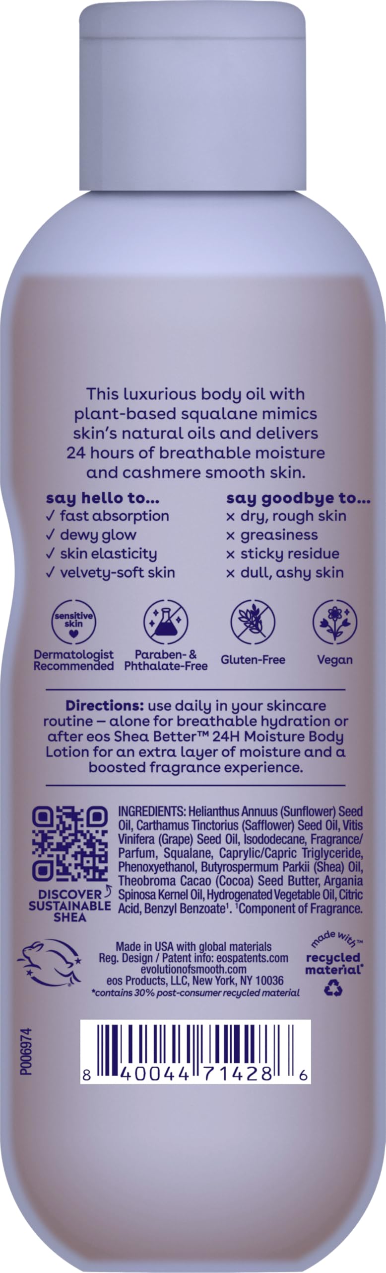 eos Cashmere Body Oil- Vanilla Cashmere, 24H Moisture, Plant-Based Squalane, 6 fl oz
