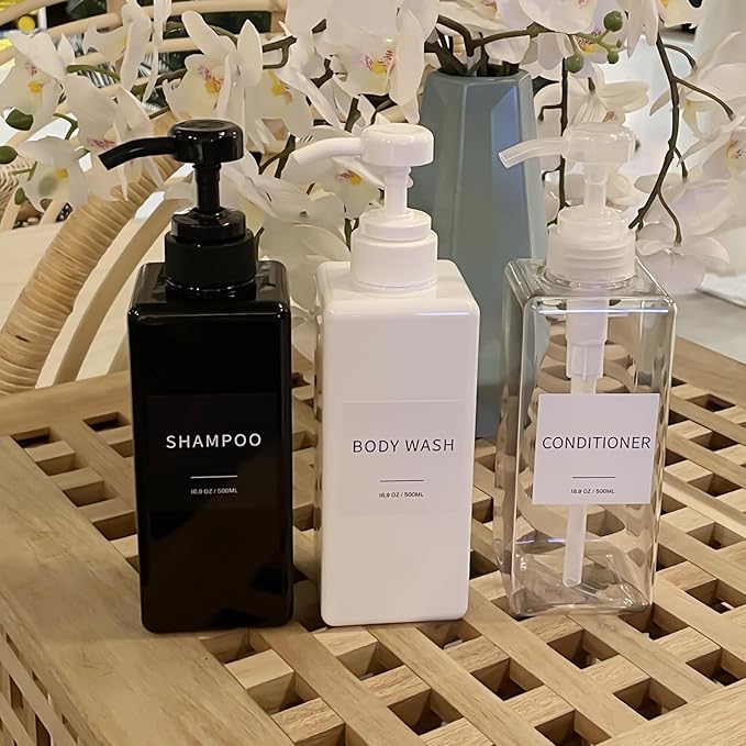 Shampoo and Conditioner Dispenser, Refillable Plastic Shampoo Pump Bottles with Waterproof Labels, Empty Body Wash Dispenser Set for Bathroom, Shower Soap Bottles (White, Set of 3, 16.9oz)
