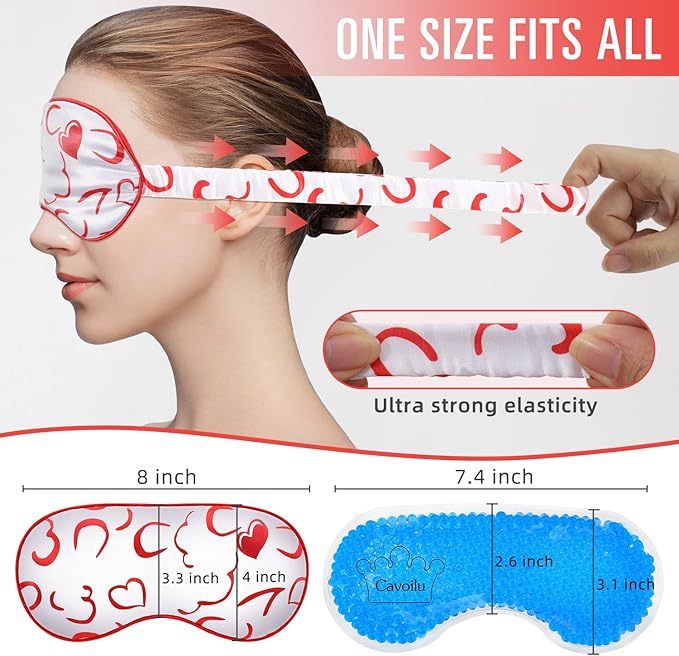 Cavoilu Sleep Mask w/Cooling Gel Eye Mask, Silk Eye Mask for Sleeping, Hot & Cold Eye Masks, Blindfold Reusable Eye Cover Sleeping Mask for Home Office Travel, Gifts for Women (Red Heart)