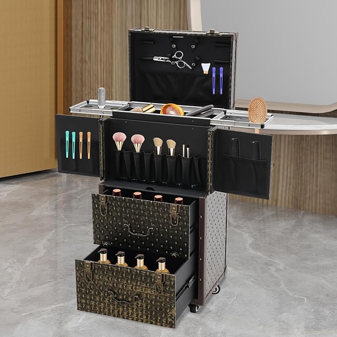 SuiYuLn Lockable Makeup Train Case,55.1lbs Rolling Hairdressing Trolley,Beauty Salon Cosmetic Luggage with Universal Wheels for Hair Stylist,Make-up Artists (Brown)