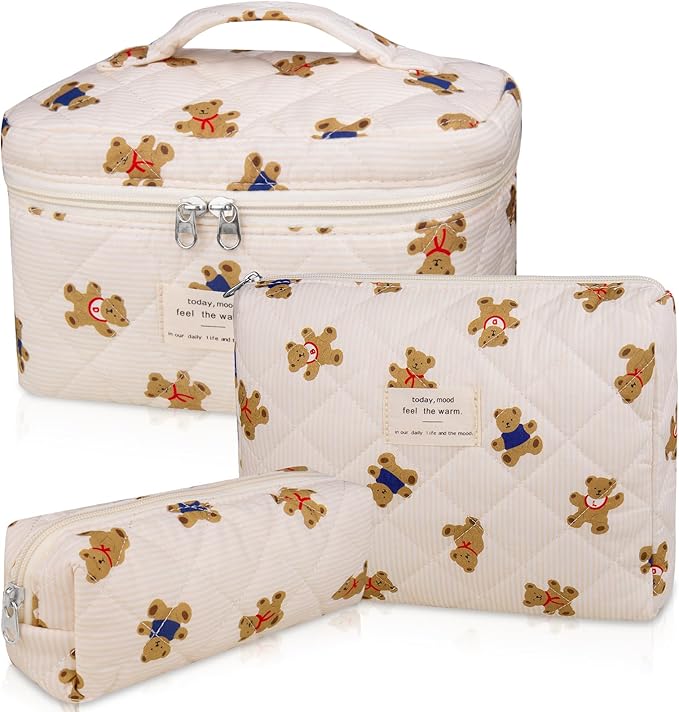 Gosect 3PC Makeup Bag Set, Quilted Makeup Bag, Large Floral Cosmetic Bag for Women, Cute Cotton Makeup Bags, Flower Travel Toiletry Organizer Bag (Bear)