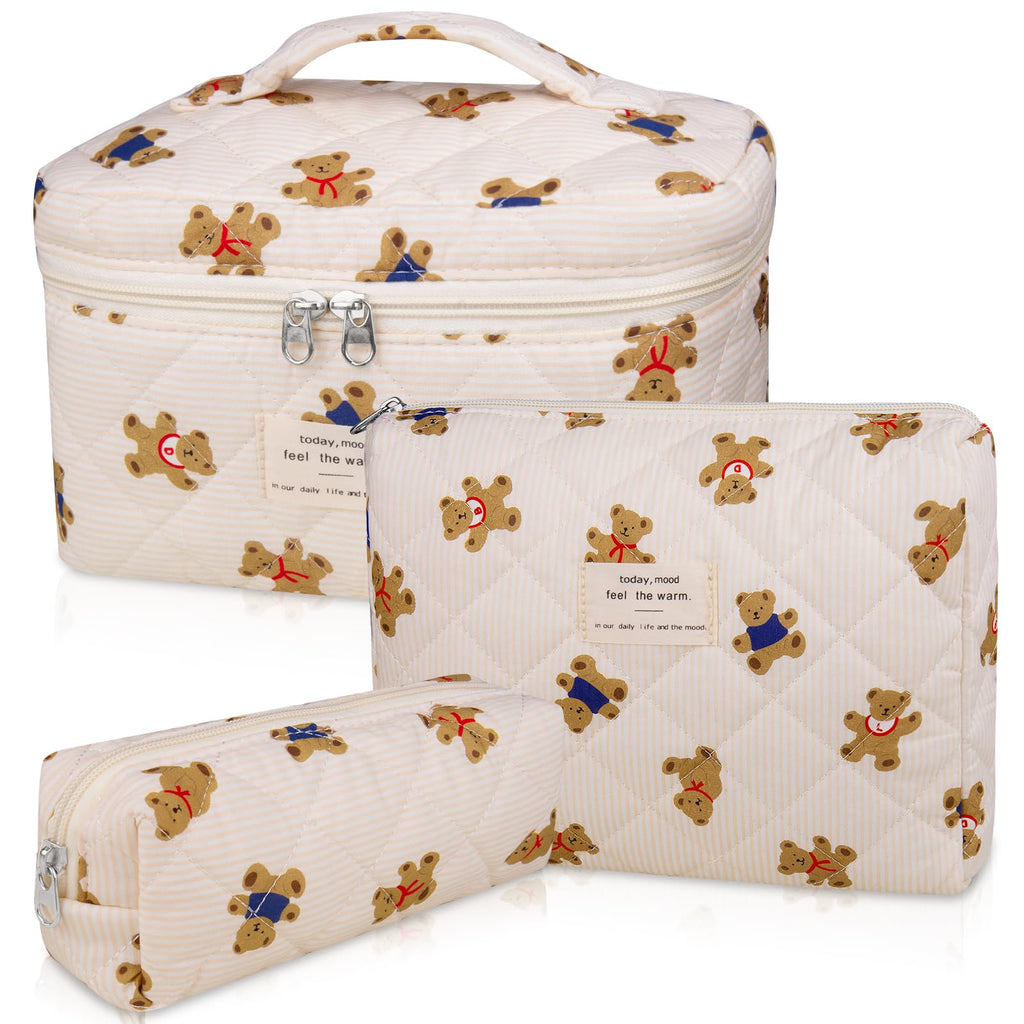 Gosect 3PC Makeup Bag Set, Quilted Makeup Bag, Large Floral Cosmetic Bag for Women, Cute Cotton Makeup Bags, Flower Travel Toiletry Organizer Bag (Bear)