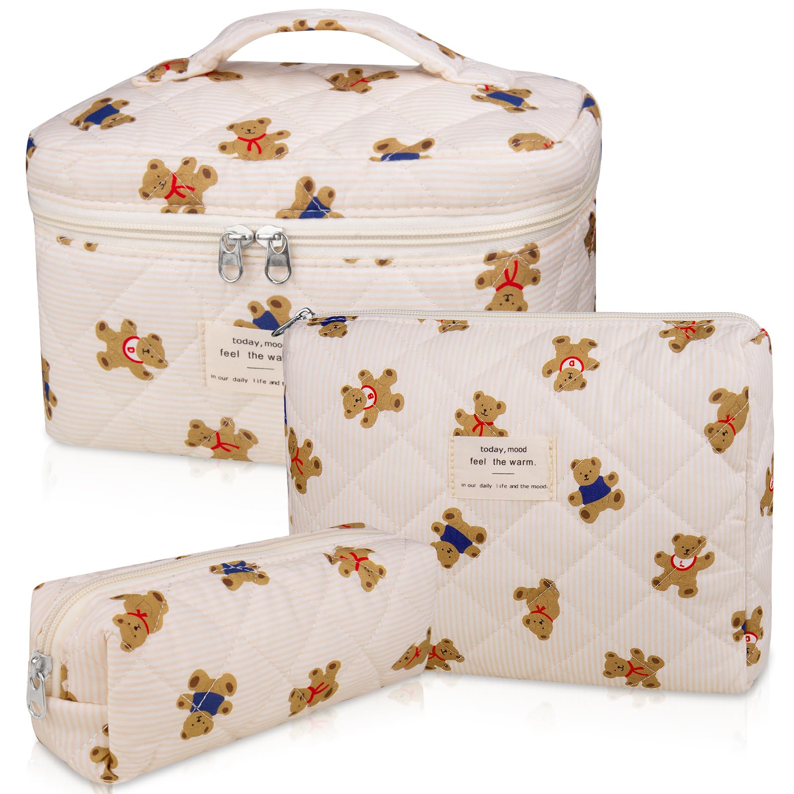 Gosect 3PC Makeup Bag Set, Quilted Makeup Bag, Large Floral Cosmetic Bag for Women, Cute Cotton Makeup Bags, Flower Travel Toiletry Organizer Bag (Bear)