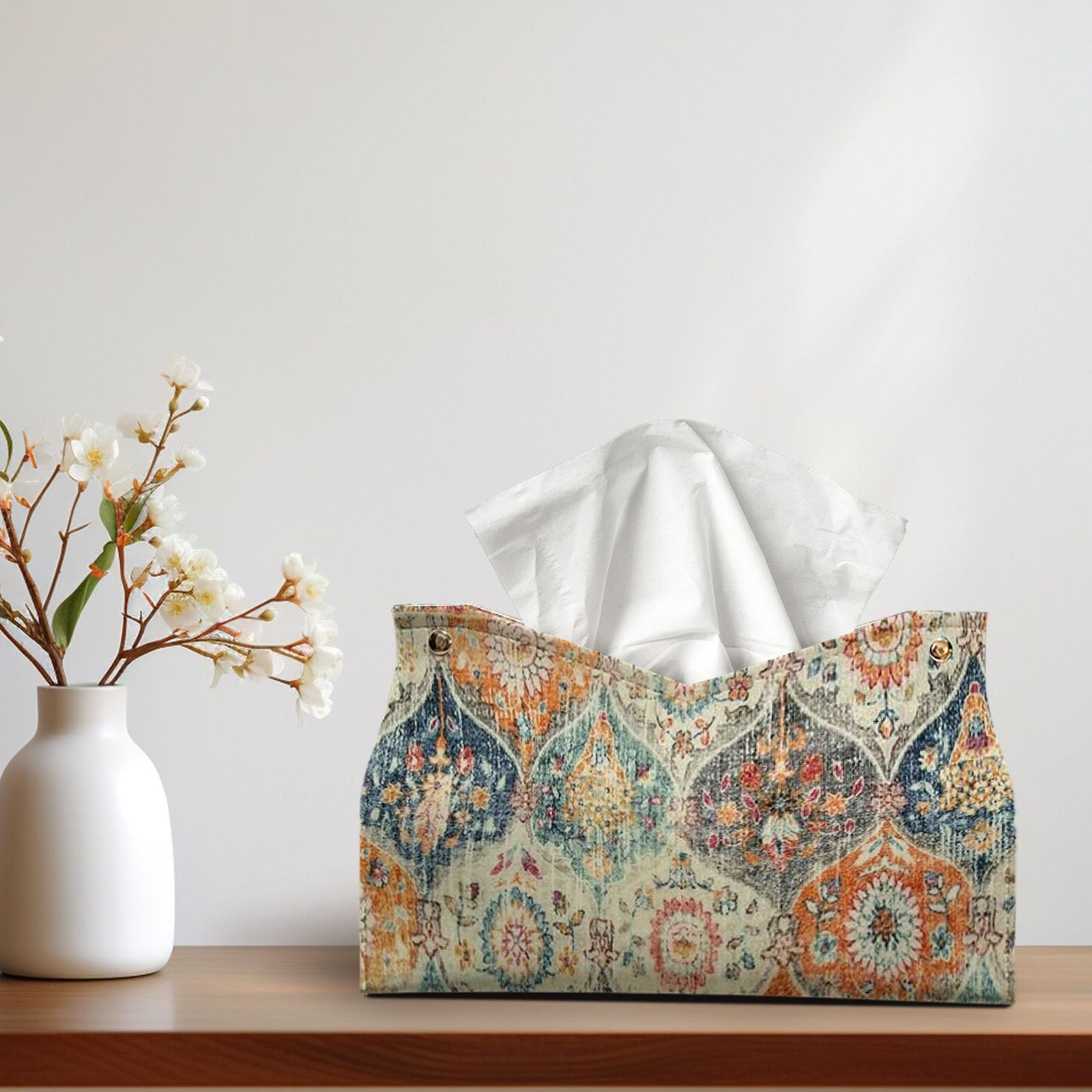 Boho Tissue Box Cover Rectangle, Orange Tissue Box Decorative 9.8x6x6