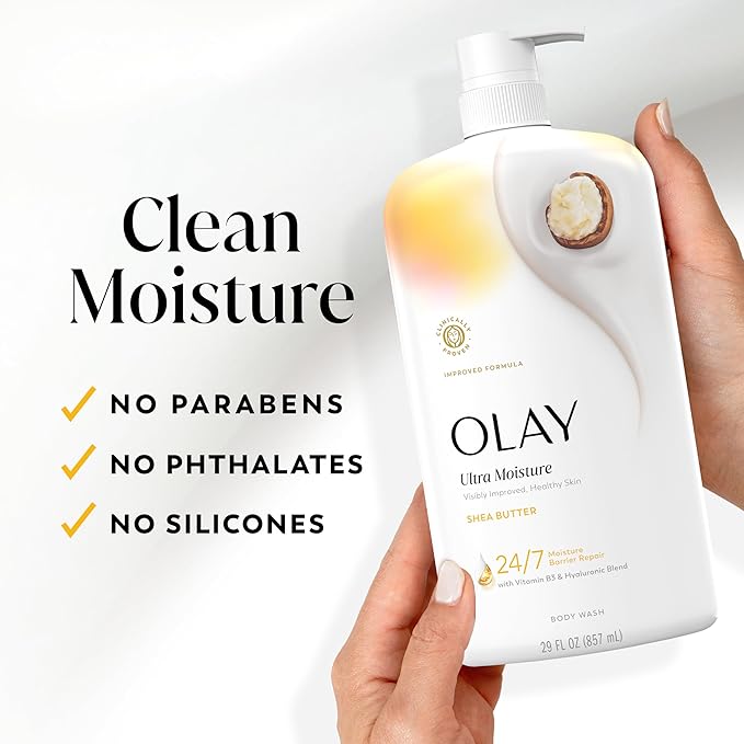 Olay Body Wash for Women, Ultra Moisture, 24/7 Moisture Barrier Repair, Hydrating Formula for Visibly Healthy Soft Skin, Vitamin B3 & Hyaluronic Blend, For All Skin Types, Shea Butter Scent, 29 fl oz