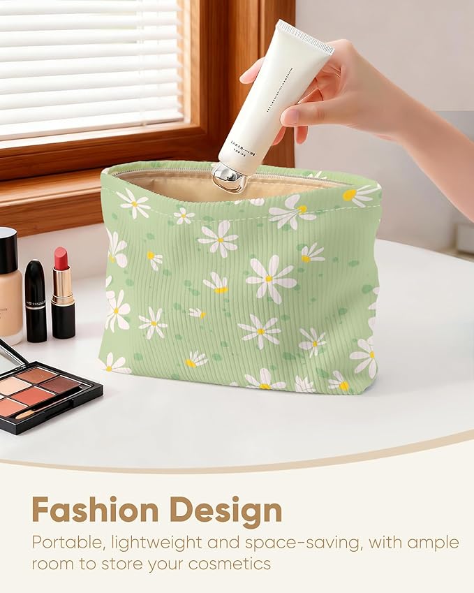Ksriylm Cute Elegent Floral Flower Makeup Pouch for Women Small Make Up Bag for Purse Zipper Initial Makeup Cosmetic Bags Pouches for Purse Aesthetic Travel Toiletry Bags, Green Daisy