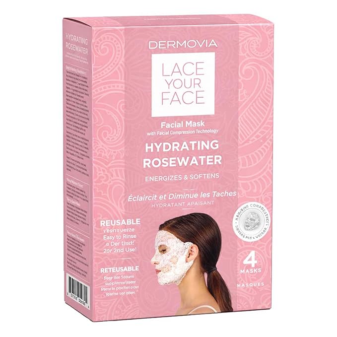 DERMOVIA LACE YOUR FACE Patented Compression Facial Mask, AS SEEN ON SHARK TANK, Reusable Biodegradable Cotton Anti Aging Skin Care, Hydrating Rose Water, 4 pack