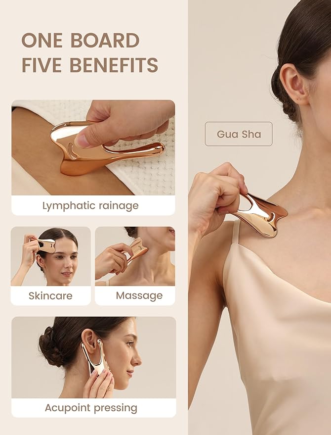 Lemove Stainless Steel Gua Sha Facial Tool - Massage Tool for for Face, Jawline Shaper, Reducing Double Chin, Whole Body Gua Sha Tool, Lymphatic Drainage Massager, Facial Skin Care - Gold