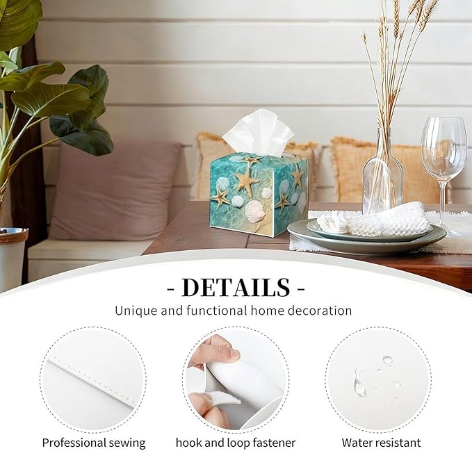 Sea Shell Tissue Box Cover Leather Tissue Box Holder Square Facial Paper Organizer Dispenser for Bathroom Kitchen Bedroom Vanity Countertop Night Stands