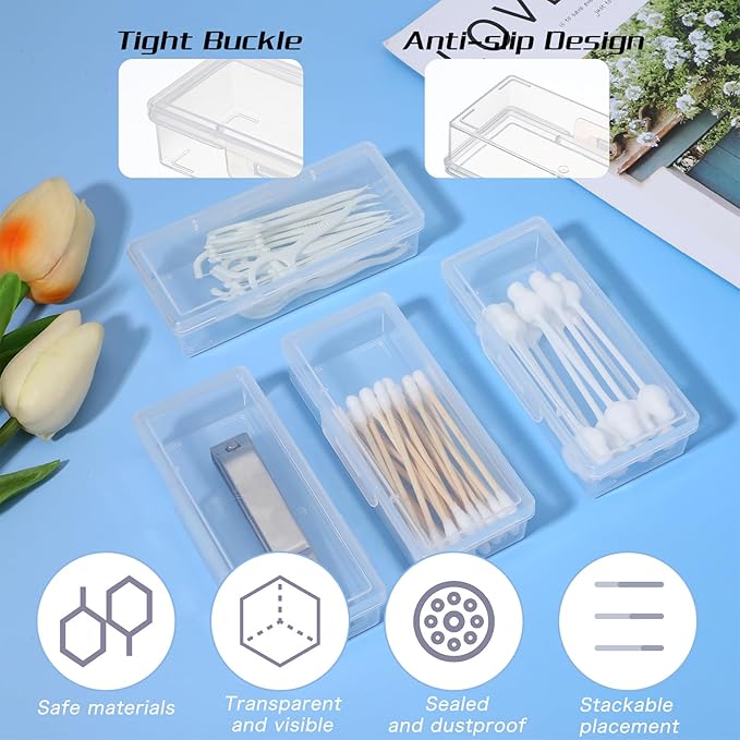 YBEATY 4 Pcs Cotton Swab Holder for Travel Portable Small Dental Floss Picks Case Clear Plastic Buds Storage Containers Box with Dustproof Lid for Ear Cosmetics Makeup Remover Nail Polish Remover