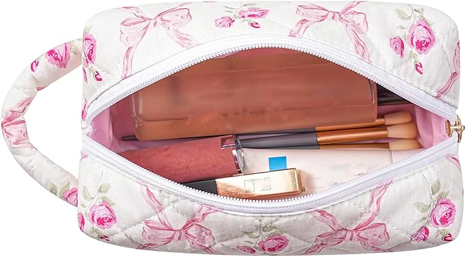 HHQQWZ Makeup Bag Travel Cosmetic Bag for Women, Zipper Make Up Pouch, Floral Flowers Toiletry Organizer Makeup with Handle, Cosmetic Travel Cloth Bag (Pink Bowknot)
