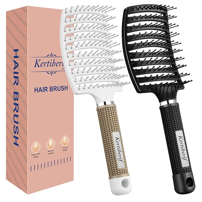Kertiberif 2 Pack Curved Vented Detangling Brush for Wet and Dry Hair, Paddle Styling Hair Brush for Faster Blow Drying, Detangler Brush for Women Men Curly Thick Hair