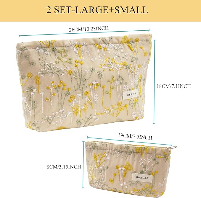getgto 2 Pcs Makeup Bags, Large Cosmetic Bag Travel Toiletry Bag Organizer for Women, Embroidery Craft, Floral Makeup Bag Small Cosmetic Pouch Purse with Zipper Gifts for Girls Teen