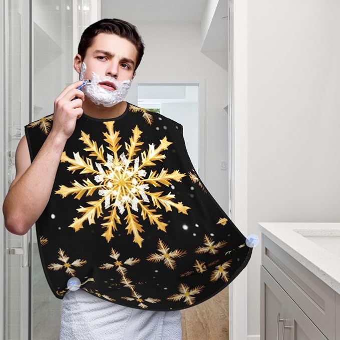 YQxwJL Golden Christmas Snowflake Print Beard Bib Shaving Apron, Beard Hair Trimming Cape Gift For Dad