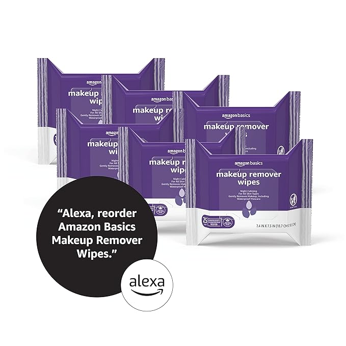 Amazon Basics Makeup Remover Wipes, Gentle Cleansing, Dermatologist Tested, Night Calming, Plant Based, Alcohol-Free, Removes Waterproof Mascara, pH Balanced, 25-Count, 6-Pack