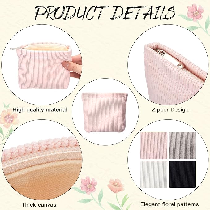 Abbylike 4 Pcs Small Makeup Bag Corduroy Cosmetic Pouch with Zipper Portable Little Bags for Purse Mini Pouch Cute Makeup Purse for Coin Essentials Items Women (Clean)