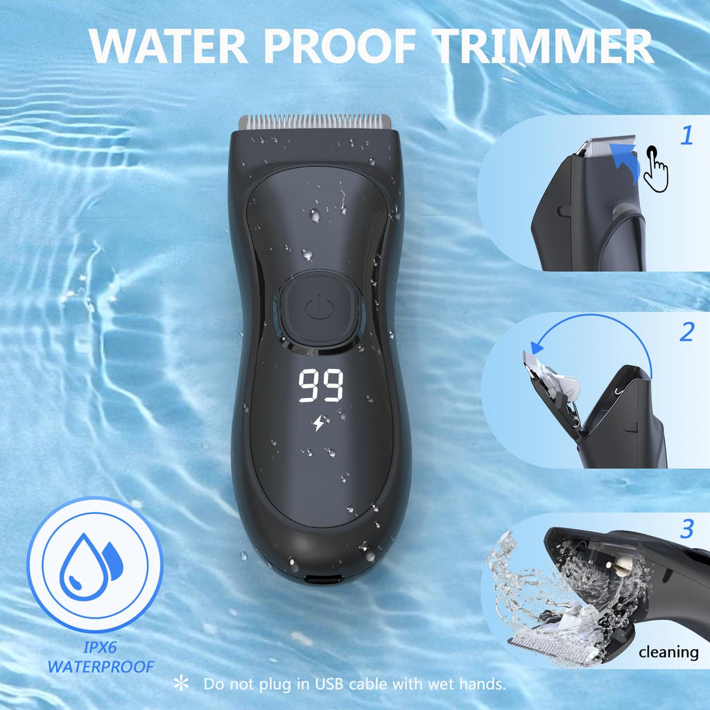 Beard and Body Trimmer for Men with Ceramic Blade, Waterproof, with 3 Guide Combs(1.5/3/6/9/12mm), Multifunction Electric Razor for Men & Pubic Shaver, LED Display, Travel Lock, Black