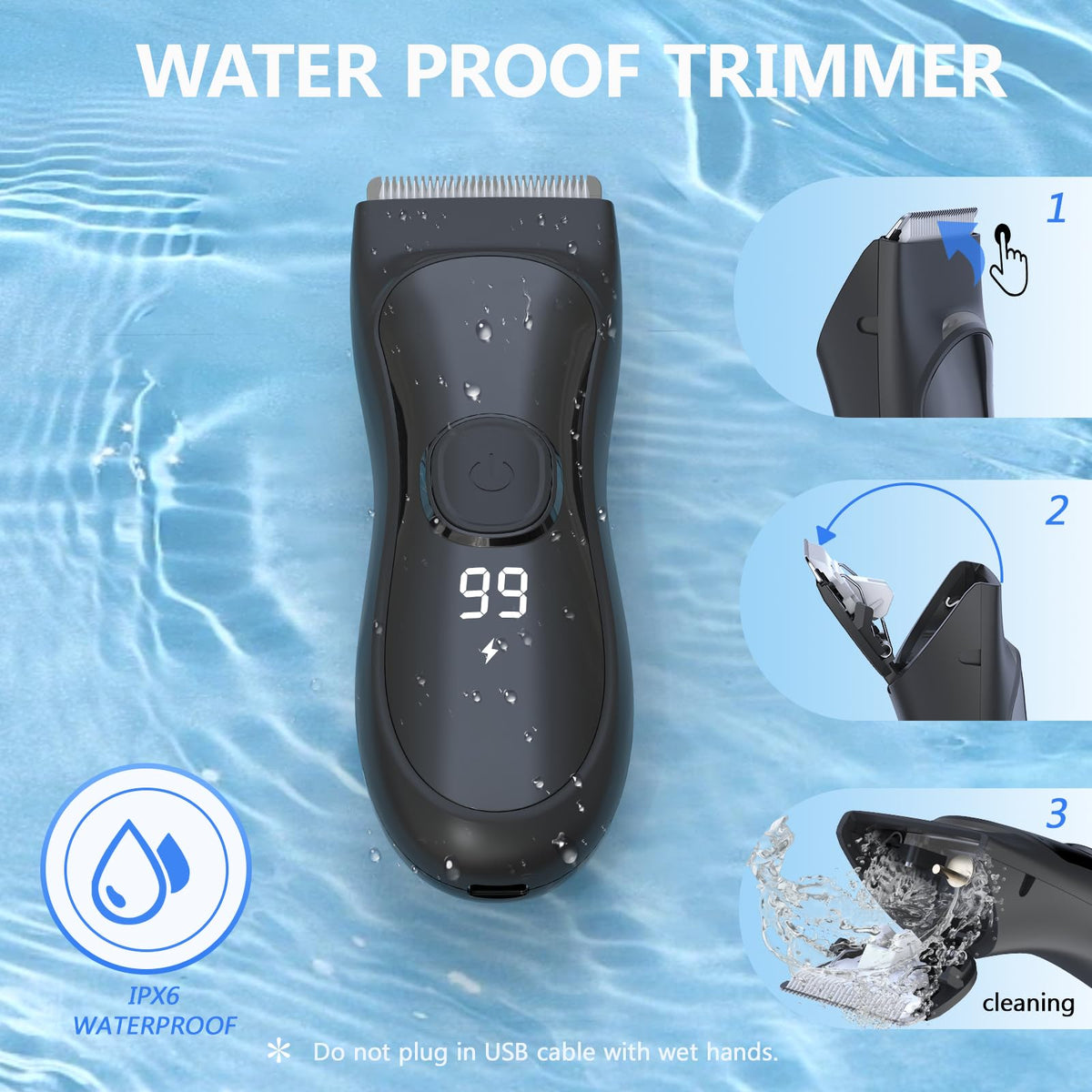 Beard and Body Trimmer for Men with Ceramic Blade, Waterproof, with 3 Guide Combs(1.5/3/6/9/12mm), Multifunction Electric Razor for Men & Pubic Shaver, LED Display, Travel Lock, Black