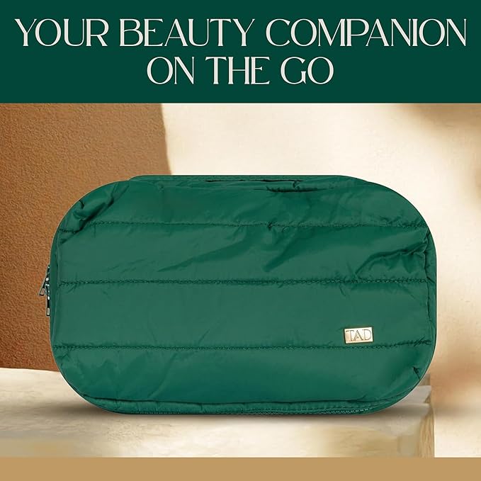 TAD Beauty - Makeup Bag Organizer - Puffy Travel Cosmetic Pouch - Large Capacity Toiletry Case - Makeup Bag with Zippered Mesh Pocket - Storage for Skincare & Beauty Essentials - Chic Green Aesthetic