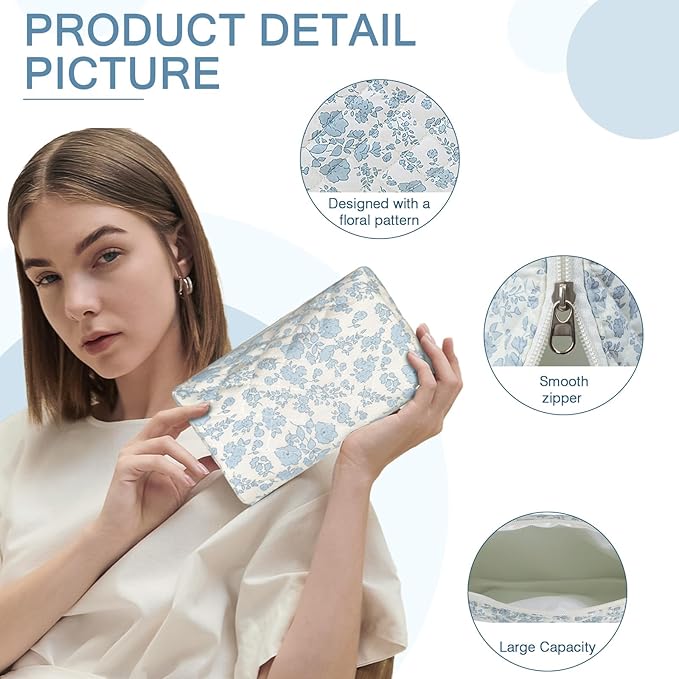Gosect Floral Makeup Bag, Cute Cosmetic Bag for Women Girls, Quilted Cotton Make up Pouch, Travel Makeup Bags, Portable Storage Toiletry Organizer Bag(Blue Floral)