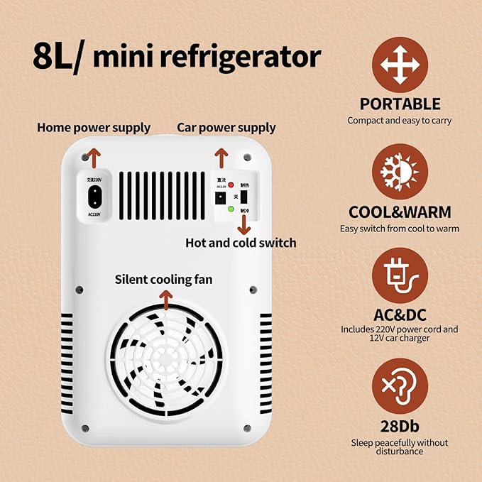 JrostKault Mini Fridge for Bedroom - 8 Liter/8 Can Portable Refrigerator for Car, Office, Dorm - Quiet Cooler & Warmer for Food, Drinks, Makeup & Skincare - AC/DC Power Supply