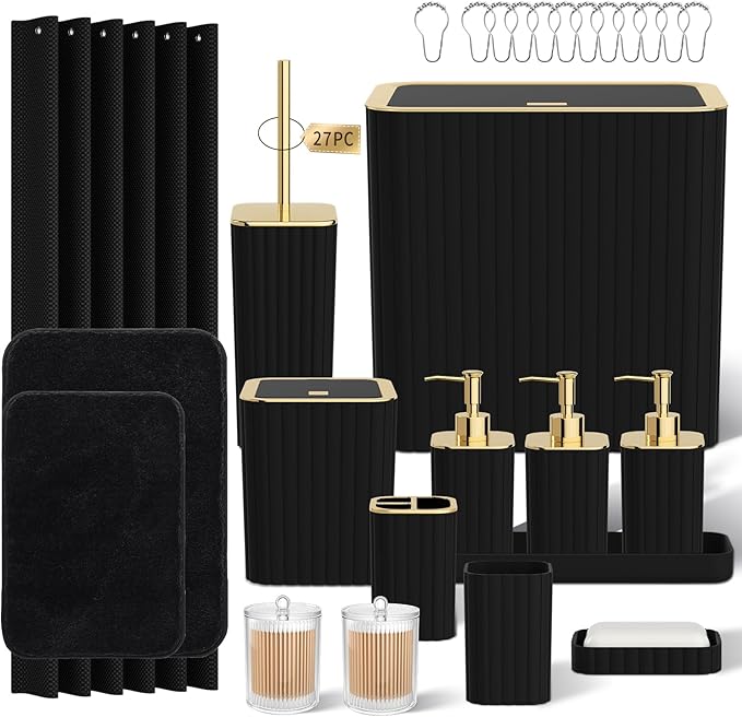 InnJoey Bathroom Accessory Set - Bathroom Set, 27PC Bathroom Accessories Set, Black Bathroom Sets with Shower Curtain and Rugs, Mini Trash Can, Toilet Brush, Trash Can & Soap Dispenser