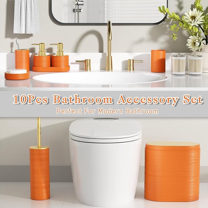 InnJoey Bathroom Set, 10PC Bathroom Accessory Set, Orange Bathroom Accessories, Orange and Gold Bathroom Set with Trash Can, Soap Dispensers