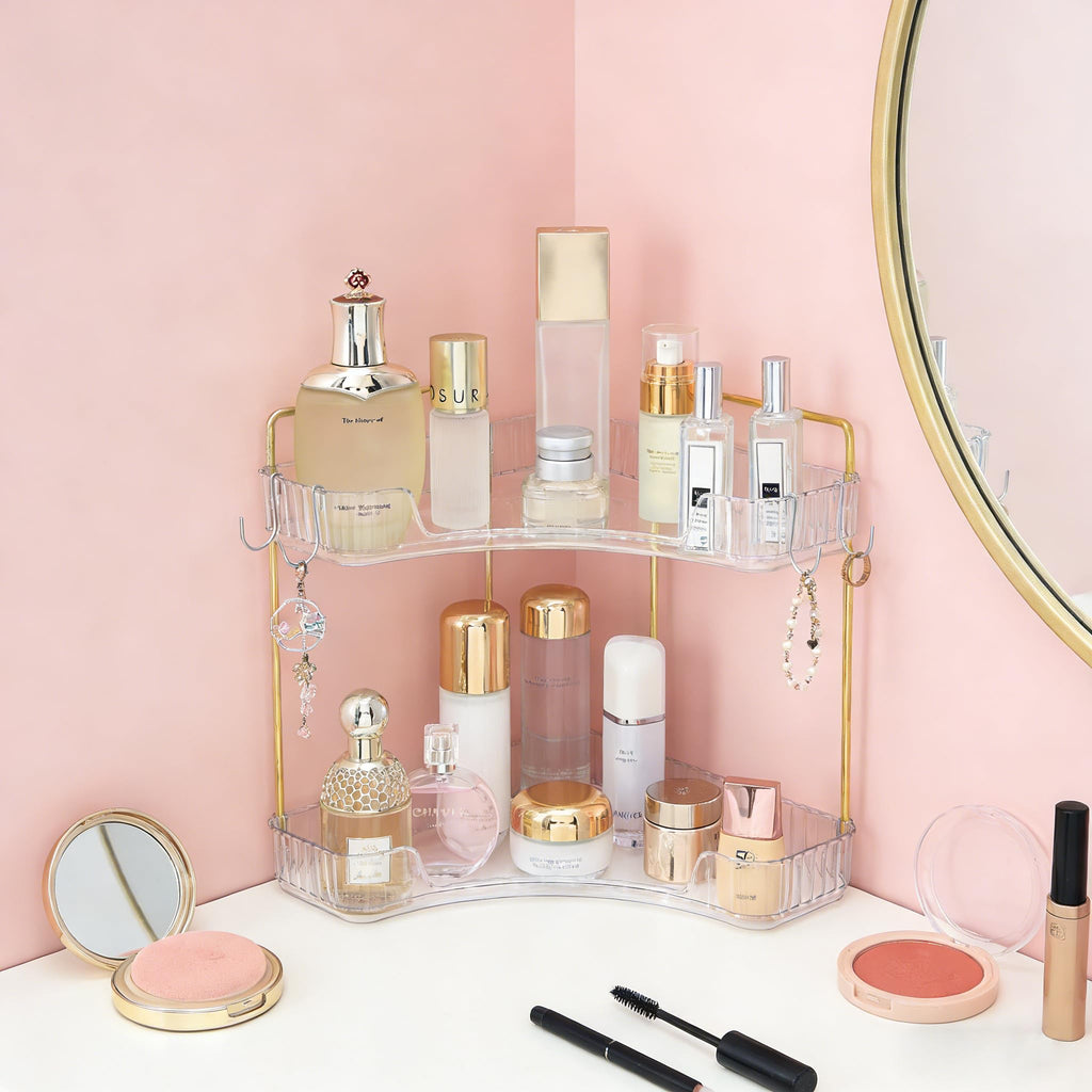 2-Tier Corner Bathroom Organizer Countertop with Hooks, for Makeup, Perfume