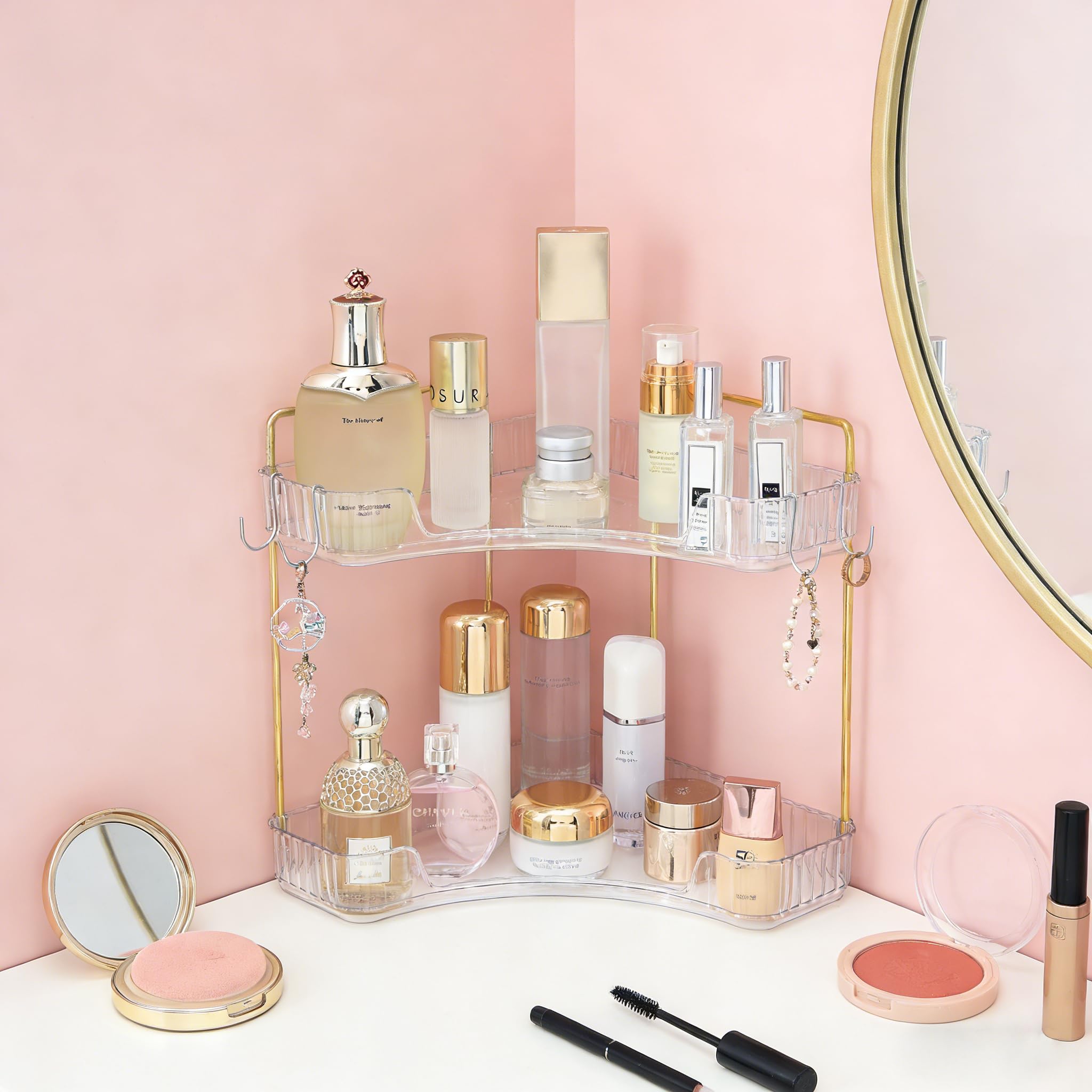 2-Tier Corner Bathroom Organizer Countertop with Hooks, for Makeup, Perfume