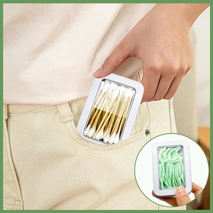MatFirsmo Cotton Swab Holder for Travel, 2 Pcs Portable Small Dental Floss Holder Empty Metal Cotton Ball Holder, Travel Floss Picks Case with Dustproof Lid for Cotton Swabs Hair Ties Floss, White