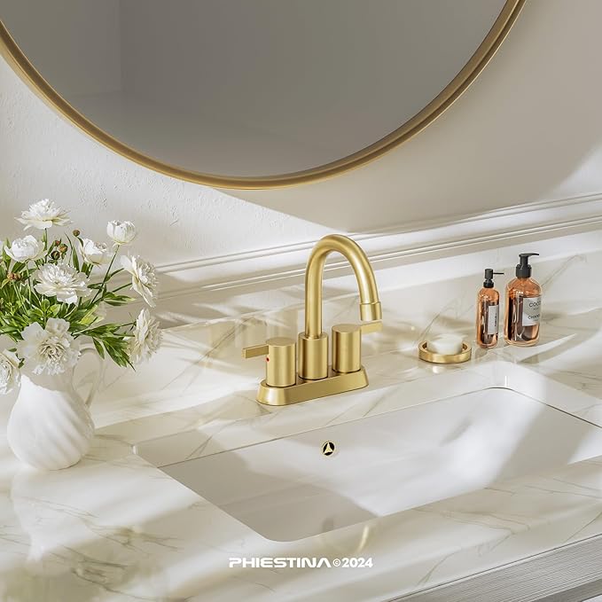 Phiestina Brushed Gold 4 Inch 2 Handle Centerset Lead-Free Bathroom Faucet 2 Pack, Swivel Spout with Copper Pop Up Drain and 2 Water Supply Lines,BF15-1-BG-2PACK