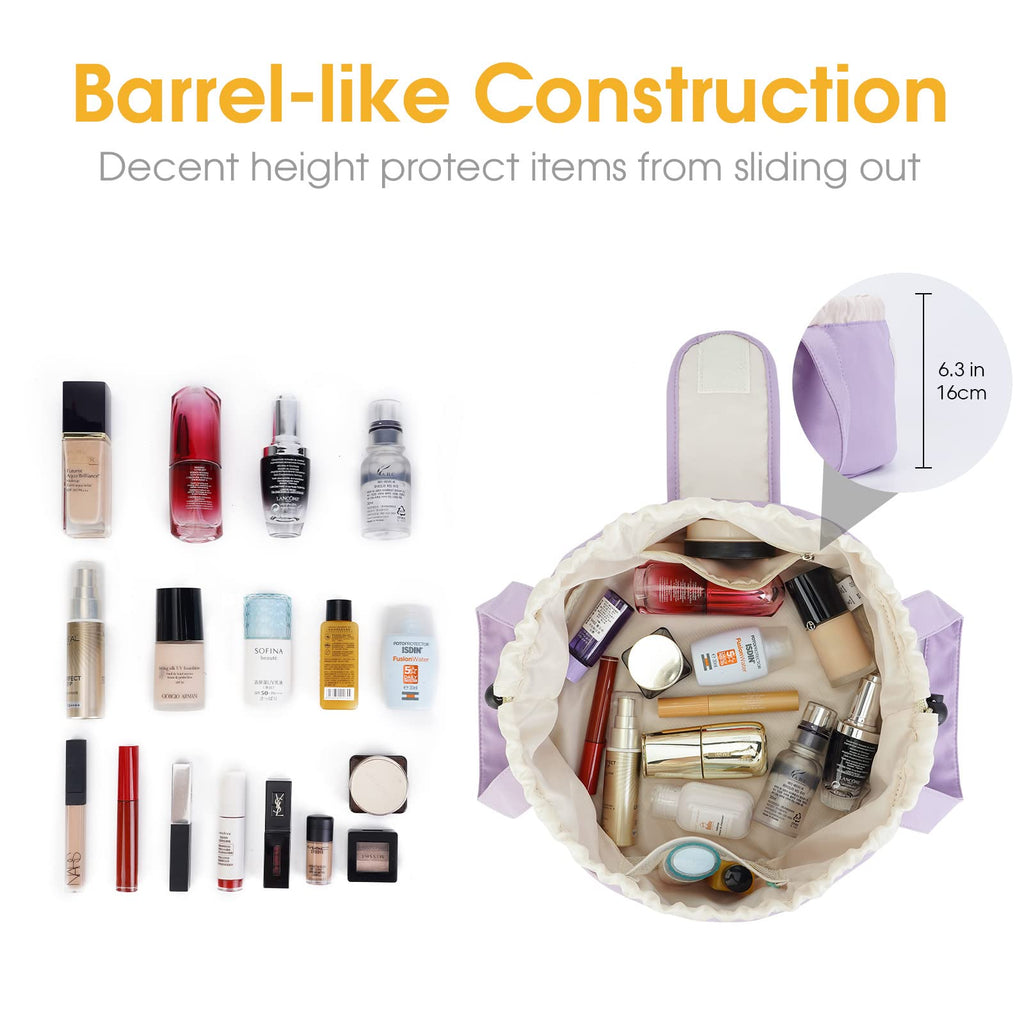 Narwey Barrel Drawstring Makeup Bag Large Cosmetic Bag Make up Bags Toiletry Bag Travel Bags for Toiletries Organizer for Women Gift for Teen Girls (Purple) (Patent)