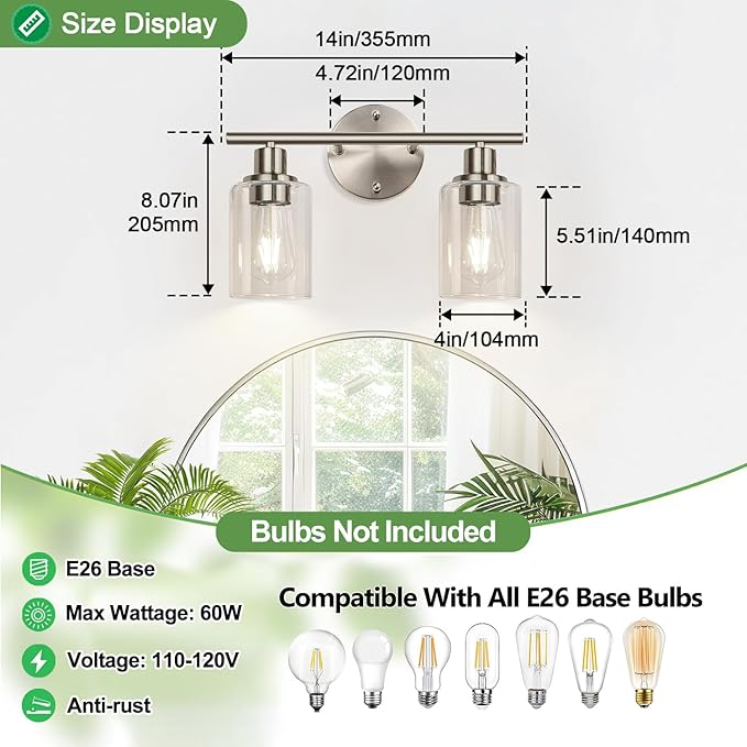 Zarbitta 2-Light Bathroom Light Fixtures, Brushed Nickel Vanity Light, Modern Vanity Lights with Clear Glass Shade, Bathroom Wall Lamp for Mirror Kitchen Living Room Hallway Cabinet Porch