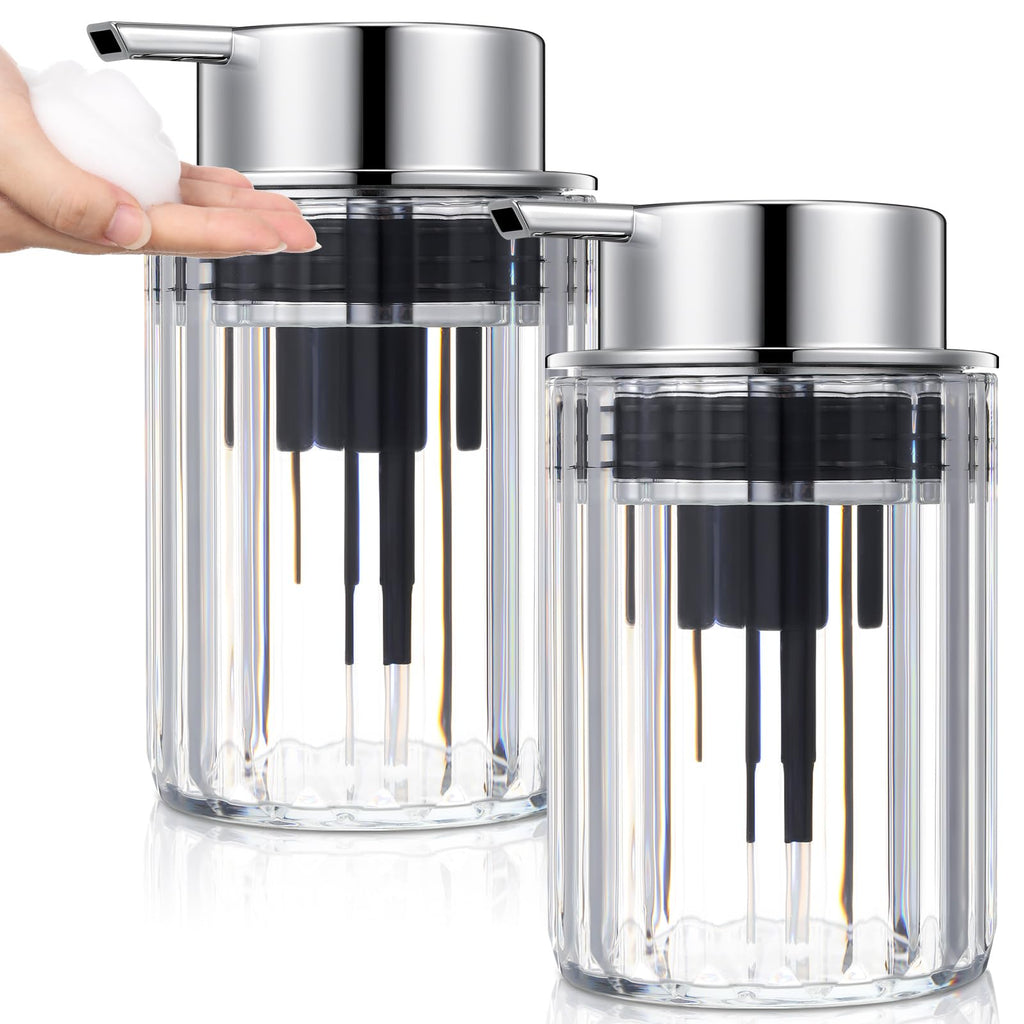 Potchen 2 Pcs Refillable Foaming Hand Soap Dispenser 10 oz Plastic Dispenser Pump Lotion Foaming with Silver Pump for Bathroom Vanities Kitchen(Clear)