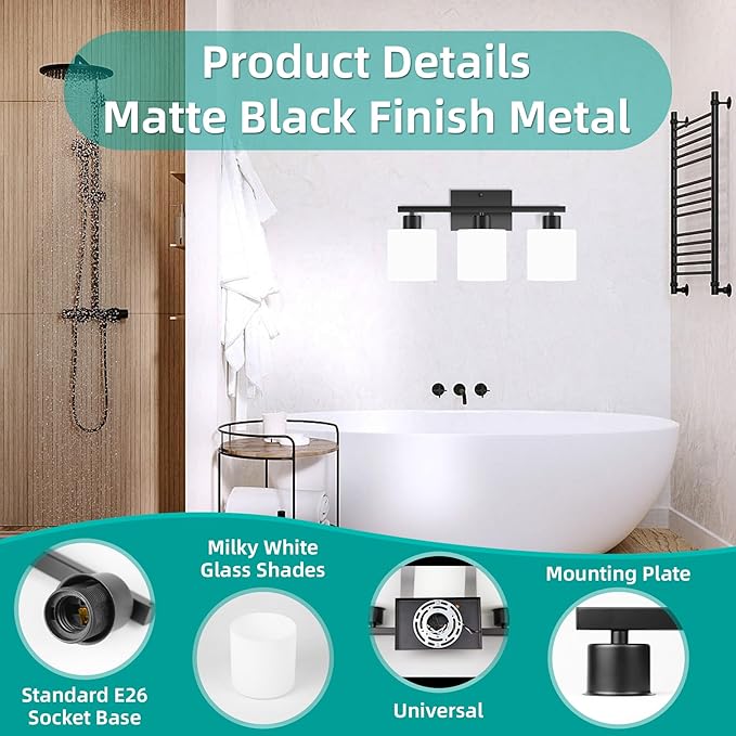 CANMEIJIA 3-Light Bathroom Vanity Light Fixtures, Matte Black Vanity Wall Scones Lighting for Bedroom Living Room, Modern Vanity Lights with Milky White Glass Shades, E26 Socket, Bulbs Not Included