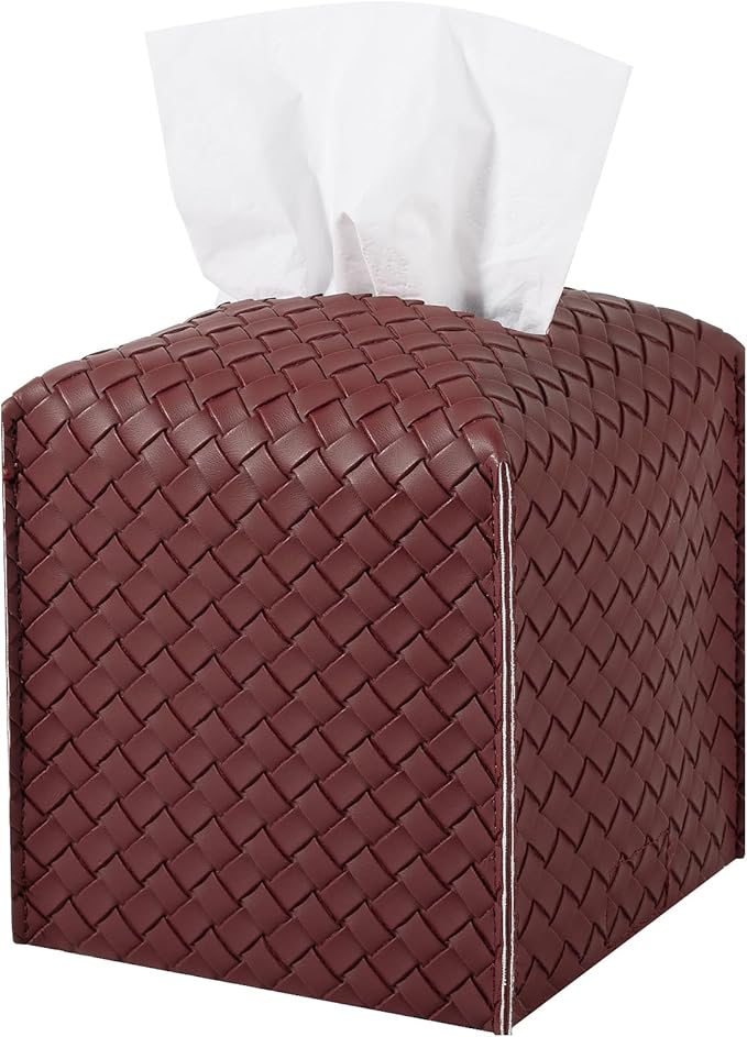 Tissue Box Cover PU Leather Tissue Holder Square Facial Tissue Case Facial Paper Organizer Dispenser for Bathroom, Vanity Countertop, Car, Dark red