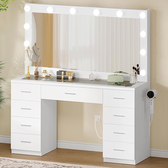 Quimoo Vanity Desk with Glass Top & Large Lights Mirror, 3 Adjustable Lighting Color, 44" Makeup Vanity Desk with 9 Drawers and 12 LED Lights, Vanity Table, Dressing Table for Bedroom(White)