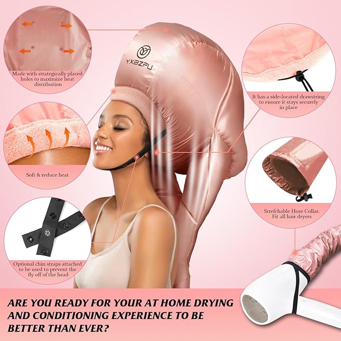 Bonnet Hair Dryer,Hooded Dryer Bonnet,Hair Dryer Hooded Diffuser Cap for Curly,Speeds Up Drying Time,Safety Deep Conditioning,Styling,Curling At Home(Pink)