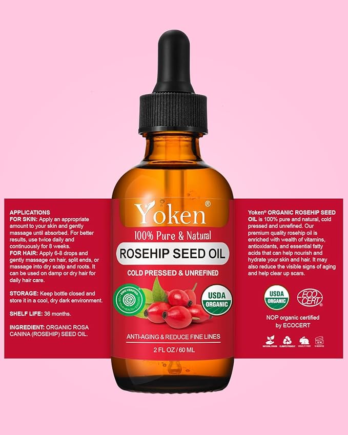 Yoken Organic Rosehip Seed Oil for Face, Skin & Hair, Cold Pressed, 2 fl oz