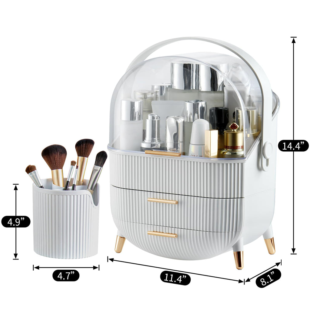 CANITORON Makeup Organizer,Skincare Organizer with 2 Drawers and Brush Storage Box,Cosmetic Display Case for Vanity Organizer and Bathroom Countertop Storage.(White)