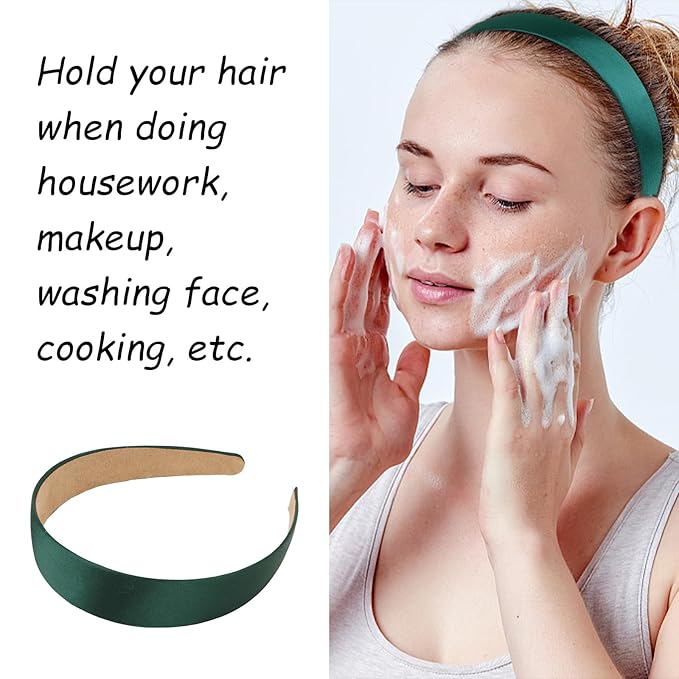 Wecoe 10 Pack Dark Green Headbands 1 Inch Wide Satin Headbands Women Non Slip Fashion Plain Head Bands Solid Hair Bands DIY St. Patrick's Day Hair Accessories for Women Girls Diademas Para Mujer