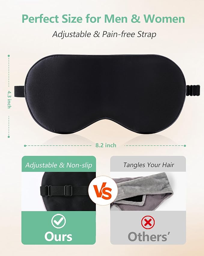 BeeVines 100% Real Mulberry Silk 2 Pack Sleep Mask, Pure Silk Eye Masks with Adjustable Strap for Sleeping, Block Light Eye Shade Cover, Reduces Puffy Eyes Traveling Gifts(Black & Red)
