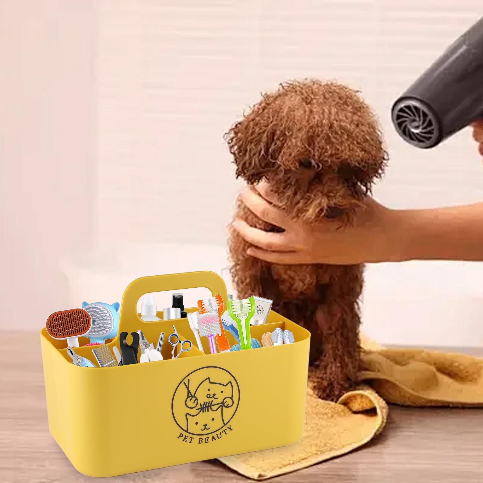 Brabtod Dog Storage Organizer for Grooming Supplies,Portable Caddy Organizer for Pet Stuff,Divided Storage Bin for Dog Cat Grooming Kit,Dog Stuff Organizer with Handle for Shampoo,Clipper,Comb-Yeloow