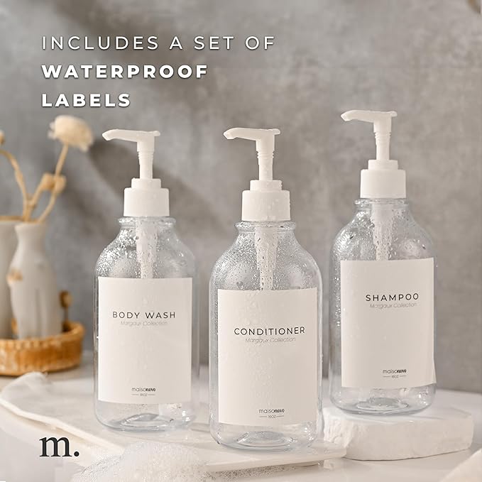 Shampoo and Conditioner Bottles Set of 3 Clear – Shower Shampoo Dispenser – Hotel Style Bathroom Upgrade by MaisoNovo