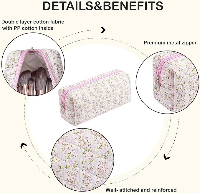 WHHJM Cute Floral Makeup Brush Bag Small Cotton Quilted Cosmetic Bag for Women Travel Toiletry Zipper Make Up Pouch (Pink Floral)
